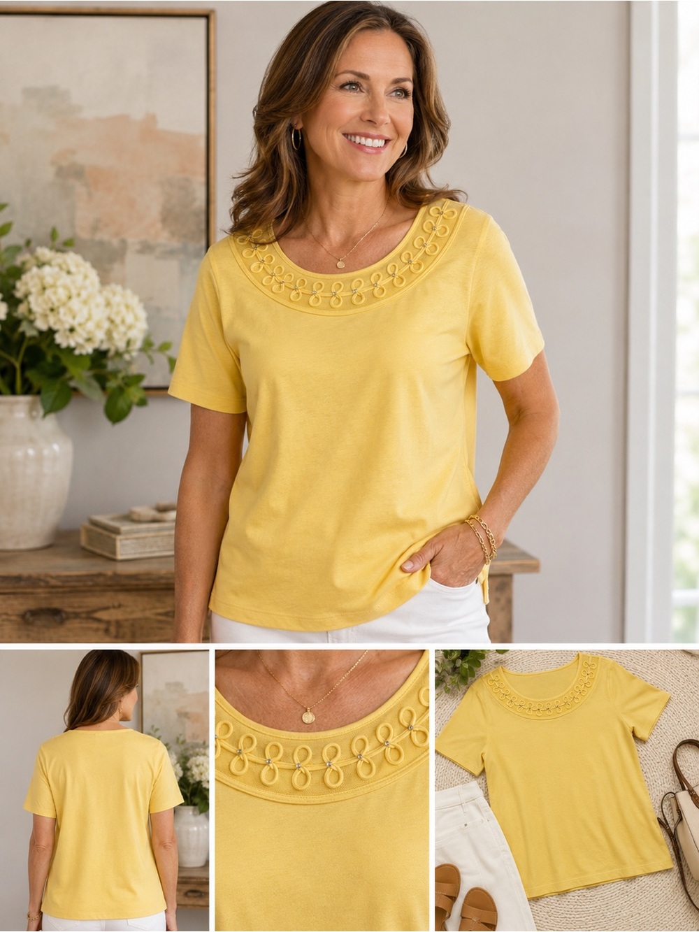 Women’s Alfred Dunner Yellow Embellished Scoop Neck Top | Casual Blouse